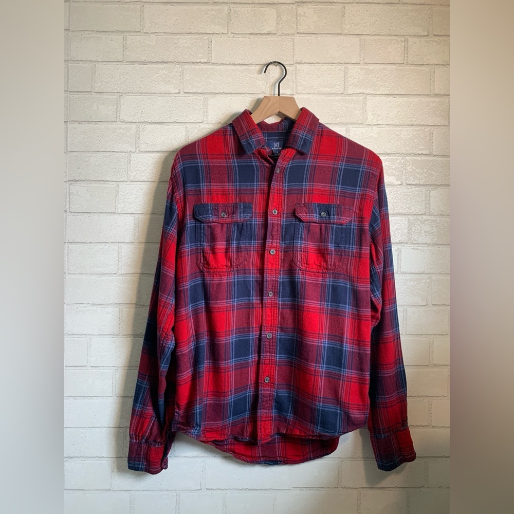 George Men's Unisex Red and Blue Extremely Soft Plaid Flannel Button Down Shirt
